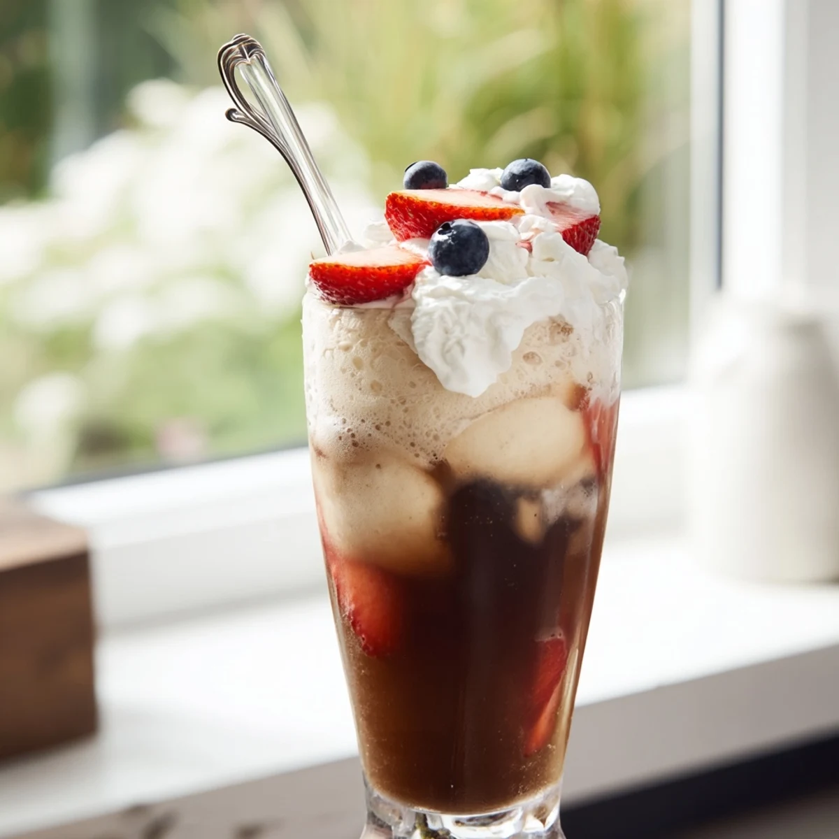 Tall glass filled with creamy Rebel vanilla ice cream topped with fizzing sugar-free root beer for a refreshing low-carb float