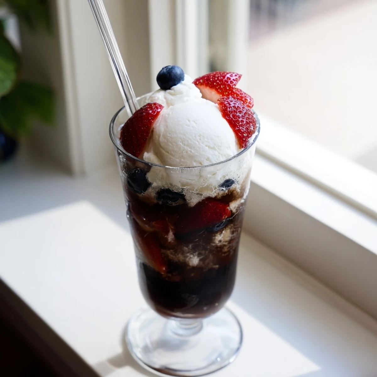 Two frosty glasses of Rebel ice cream floats featuring scoops of vanilla ice cream swimming in chilled diet cola with fluffy foam crowns