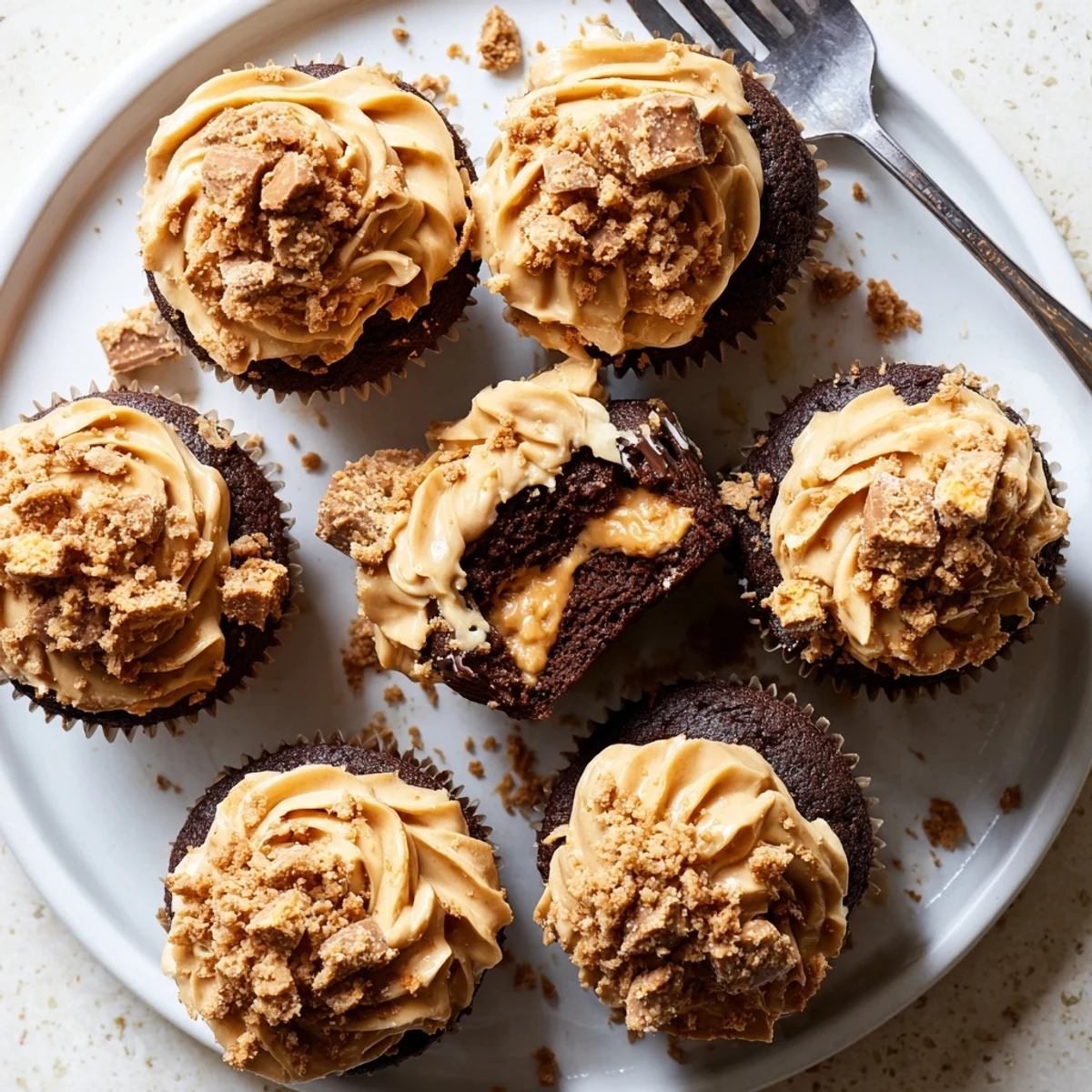 Swirled Butterfinger frosting crowns these chocolate Decadent Butterfinger Cupcakes filled with smooth peanut butter center