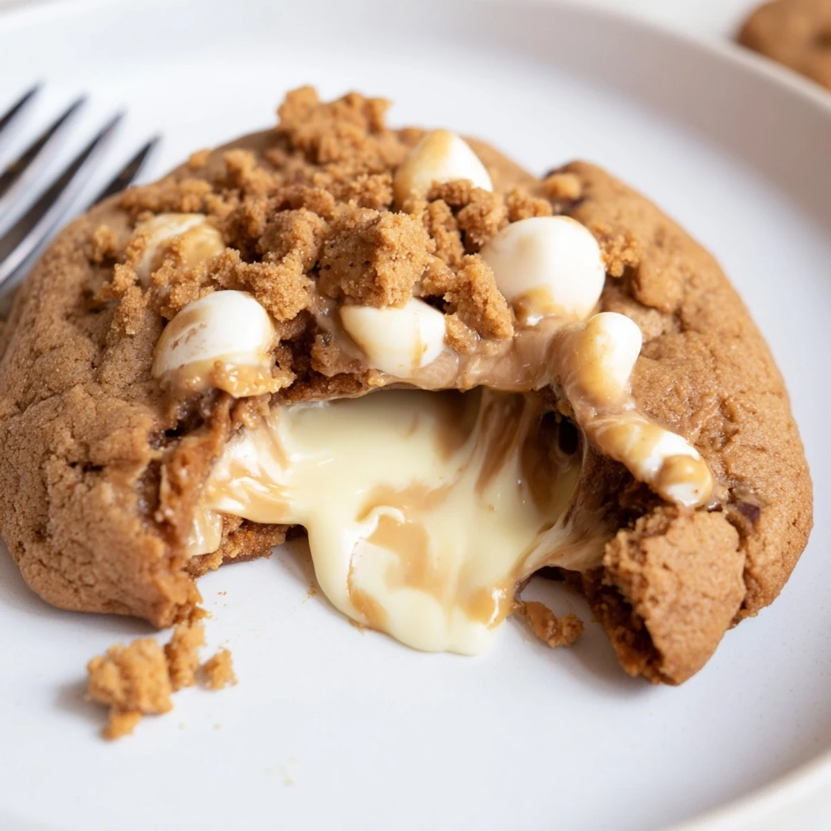 Freshly baked stuffed Biscoff butter lava cookies with gooey molten centers on a cooling rack