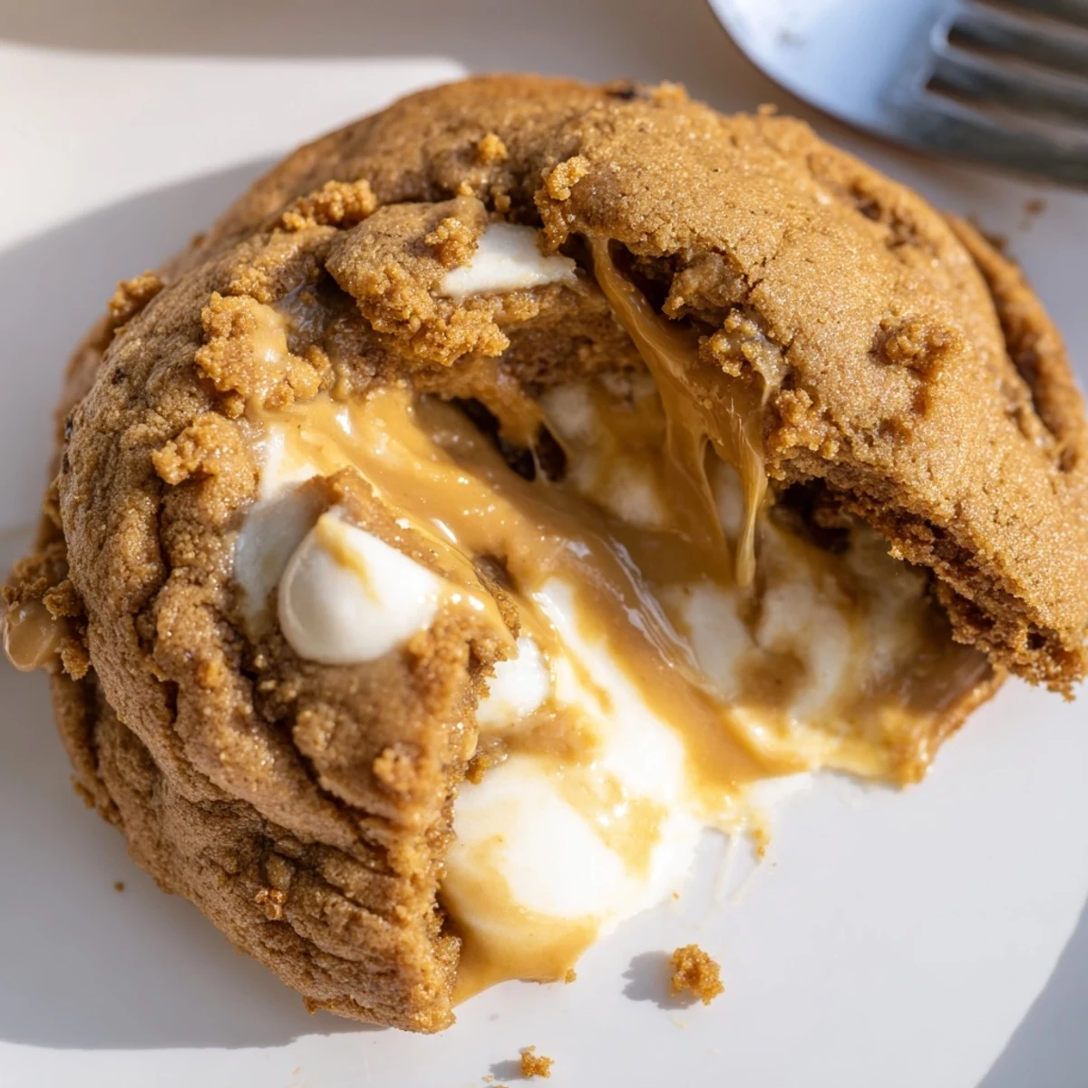 Warm broken cookie revealing melted Biscoff butter lava filling with white chocolate chips