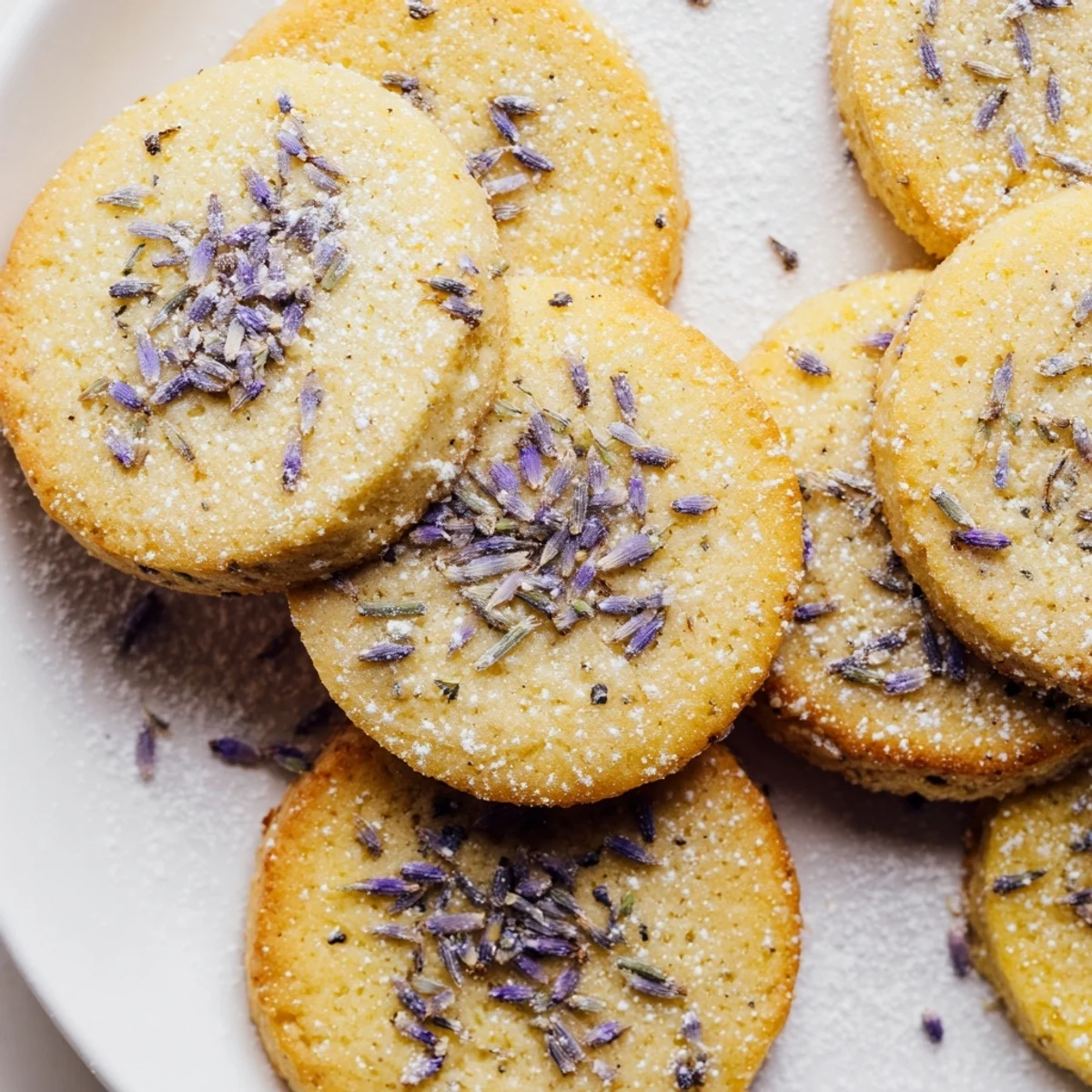 Golden lemon lavender cookies arranged on a white plate, lightly dusted with powdered sugar