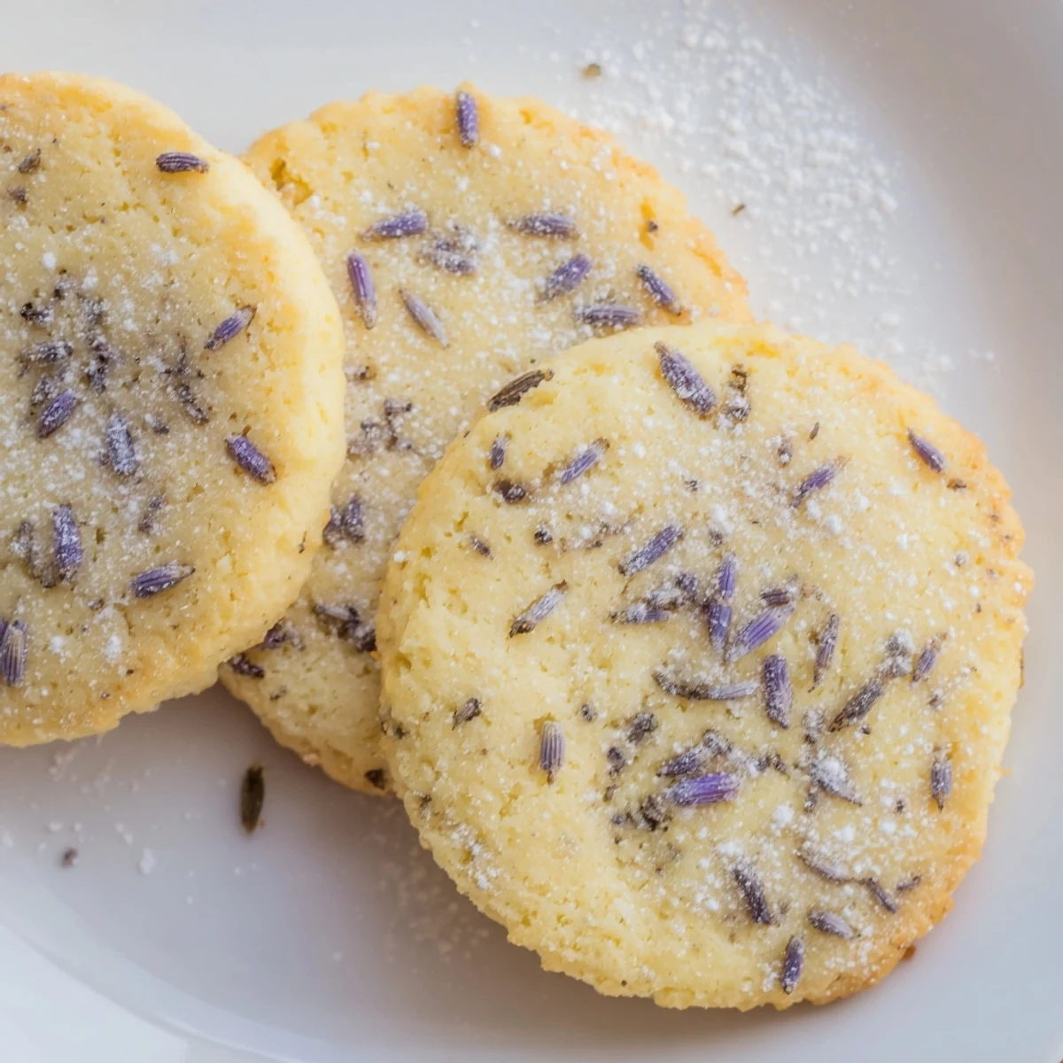 Buttery lemon lavender cookies cooling on a wire rack with visible purple lavender buds