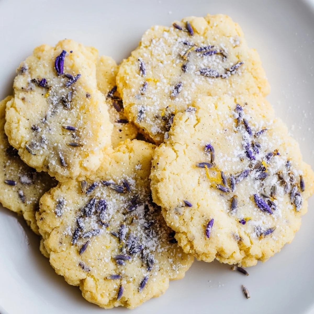 Close-up of soft lemon lavender cookies showing bright yellow zest speckles throughout the dough