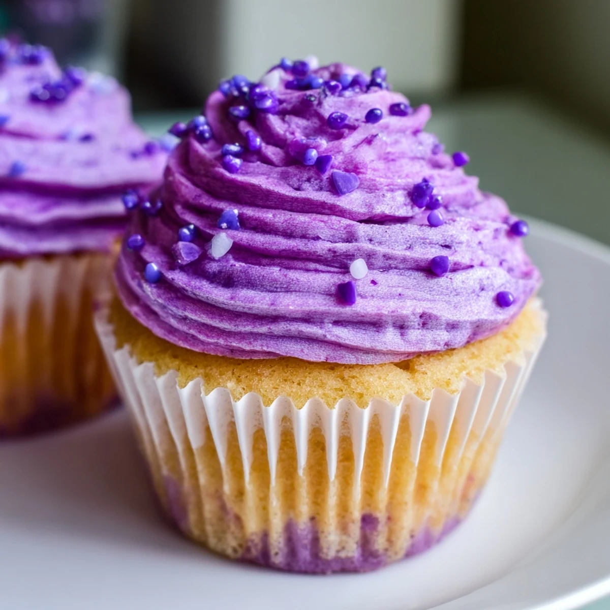 Fluffy grape soda cupcakes topped with swirls of purple grape buttercream frosting on a white plate.