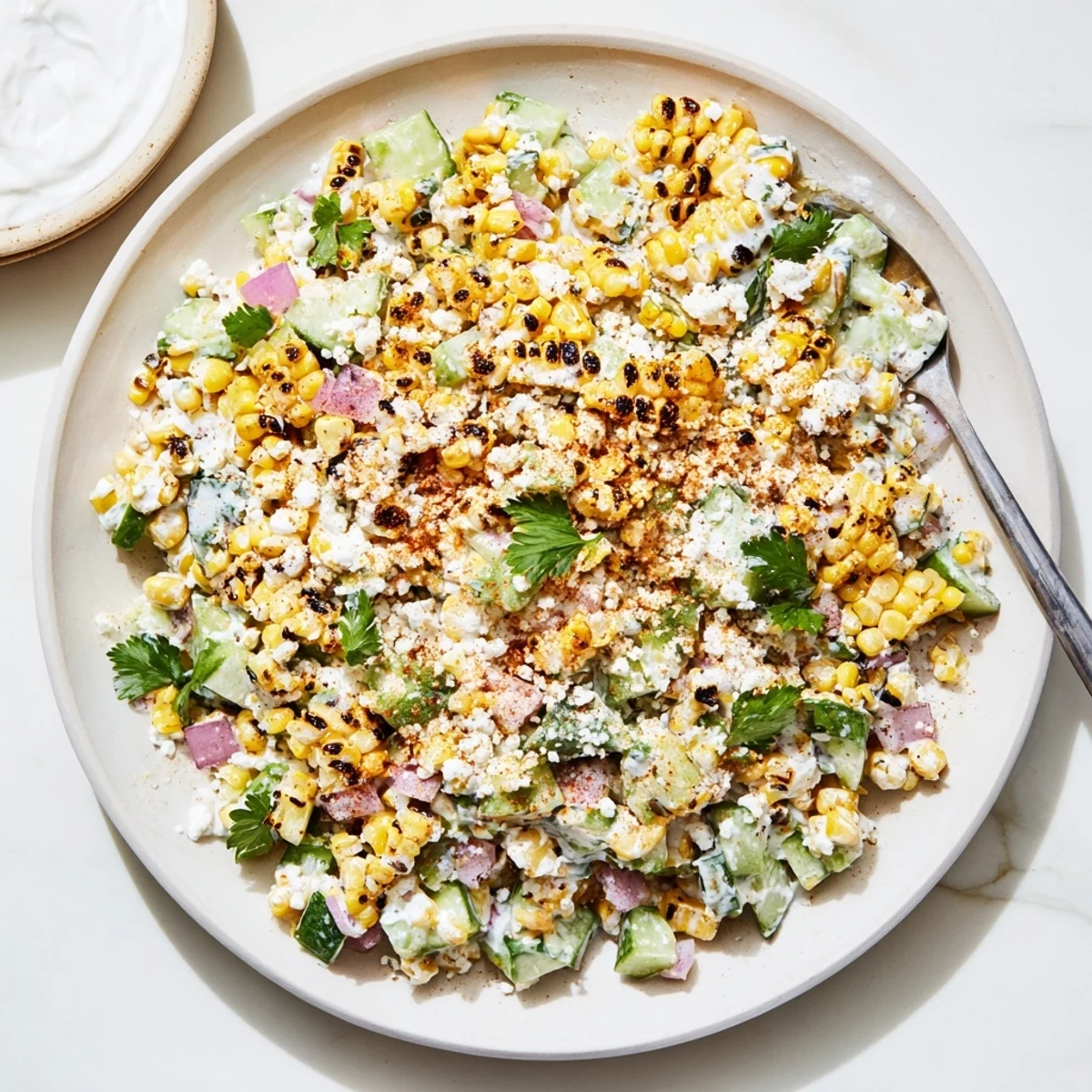 Golden street corn salad with crisp cucumbers in creamy lime dressing topped with white cotija cheese