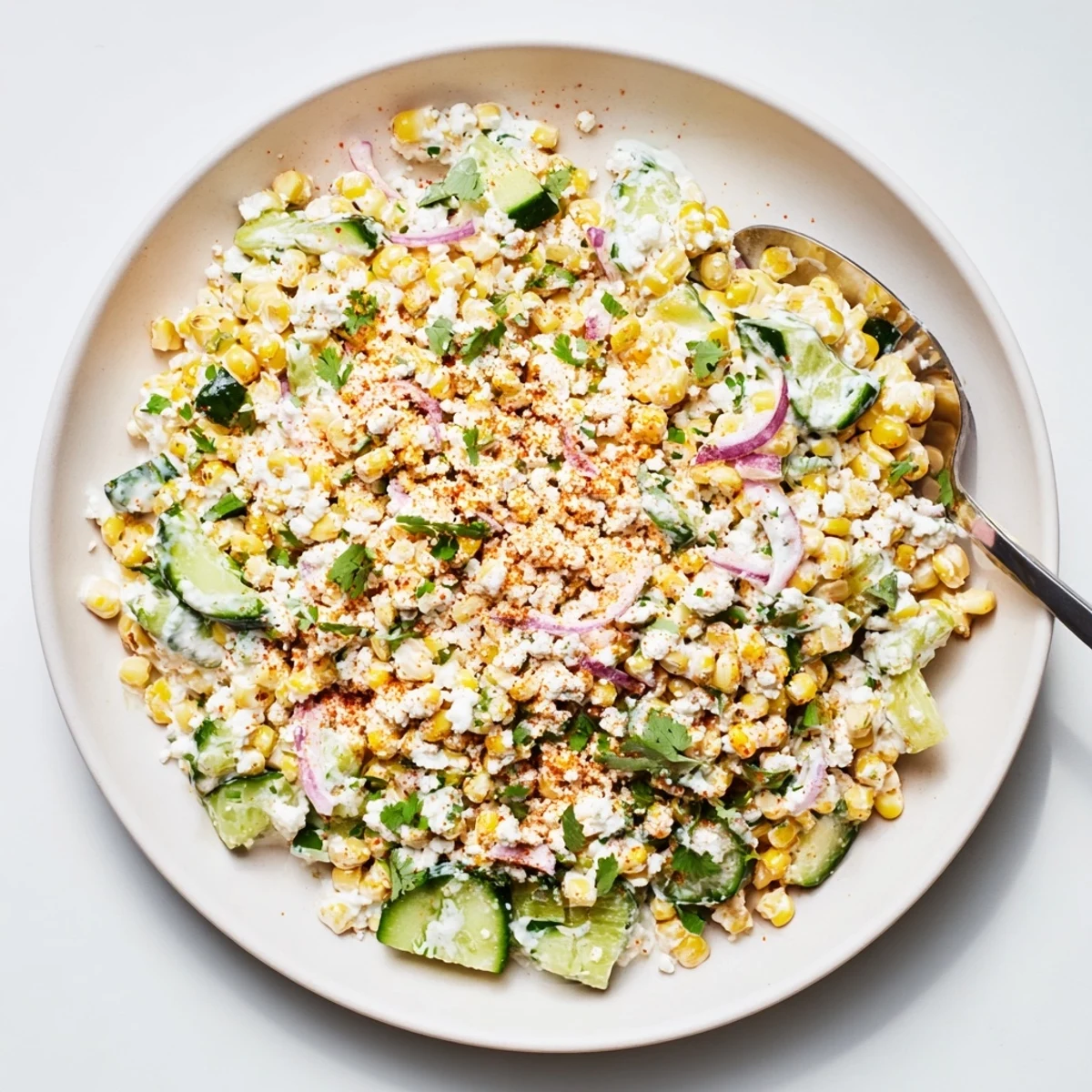 Vibrant bowl of refreshing street corn creamy cucumber salad with charred kernels and zesty spices