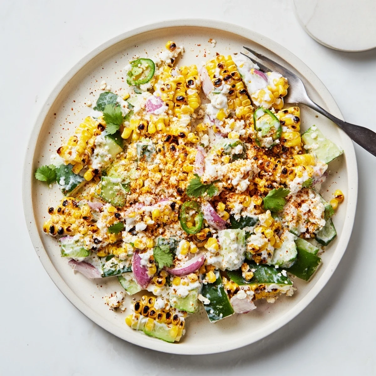 Summer side dish featuring sweet corn diced cucumbers and creamy Mexican street corn-inspired dressing