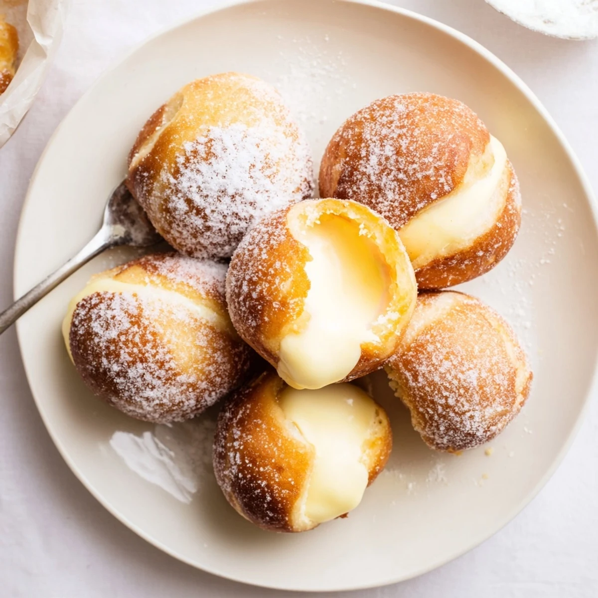 Golden brown Italian bomboloni alla crema dusted with sugar and filled with rich vanilla pastry cream