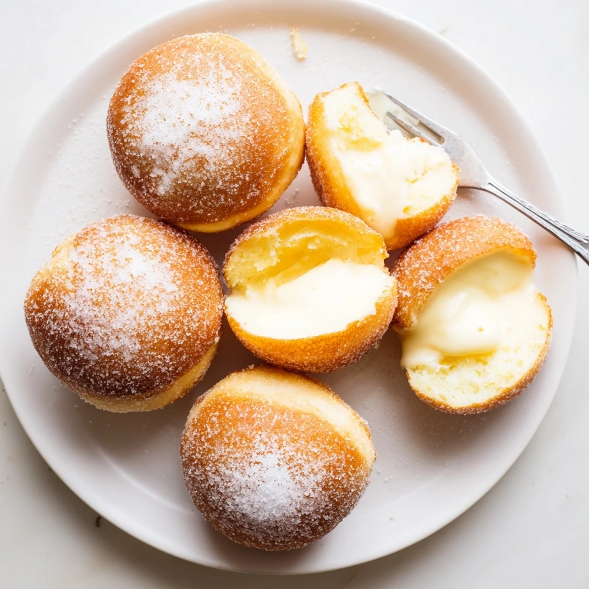 Fluffy fried bomboloni alla crema resting on a white plate with powdered sugar coating