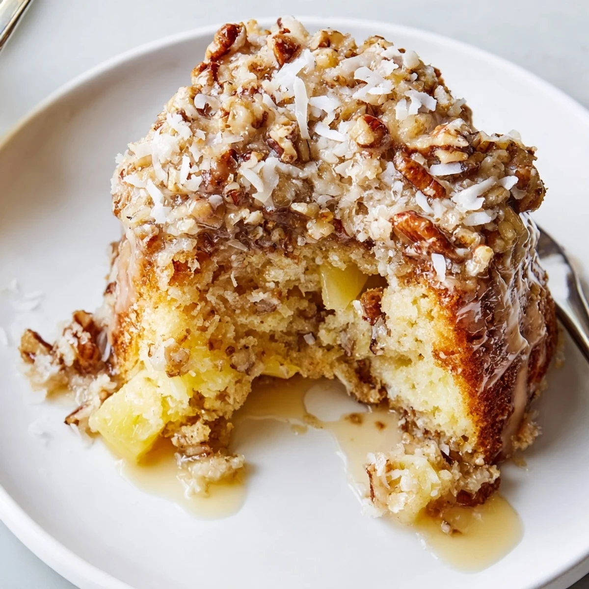 Golden Texas Tornado Cake topped with creamy buttery sauce and pecan coconut crunch