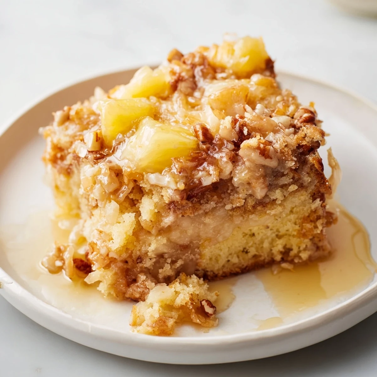 Moist Southern Texas Tornado Cake studded with pineapple coconut and toasted pecans