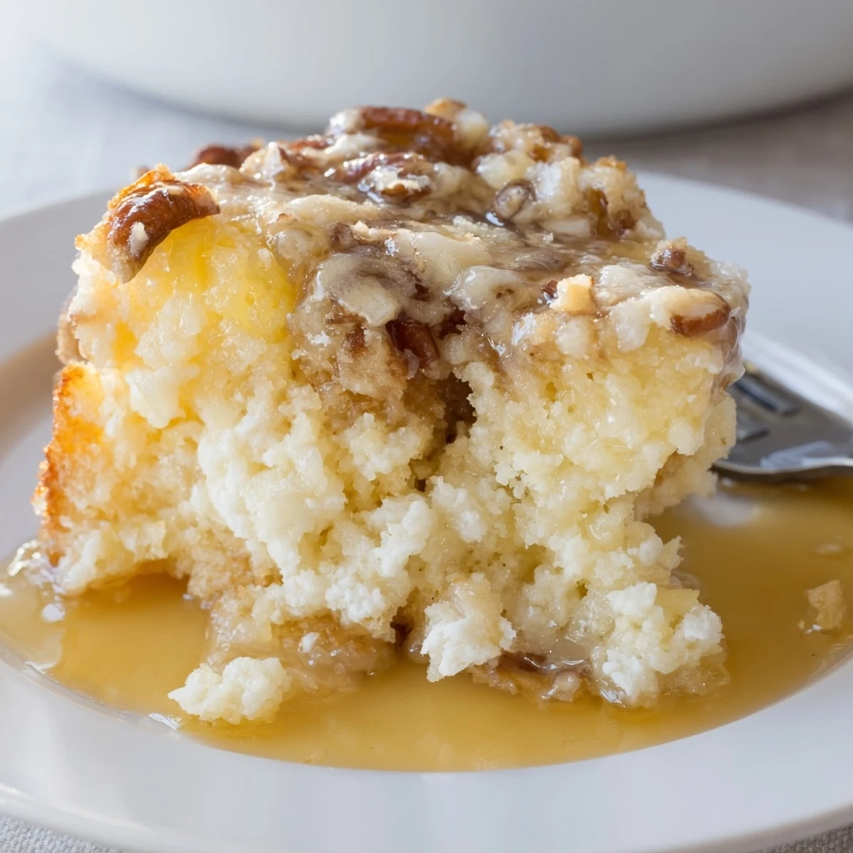 Sliced Texas Tornado Cake dripping with warm vanilla butter sauce over tender crumb