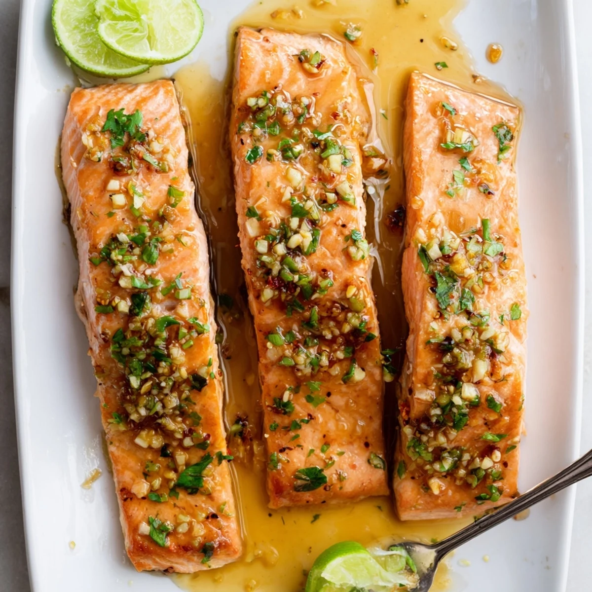Golden baked honey lime garlic butter salmon fillet flaking apart on a white plate with fresh parsley garnish