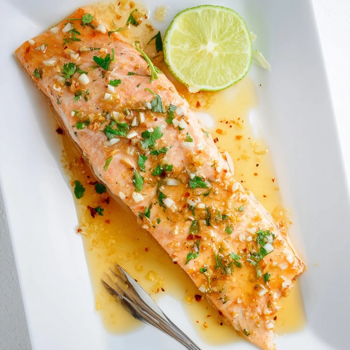 Succulent honey lime garlic butter baked salmon with caramelized edges and herb garnish on a dinner plate