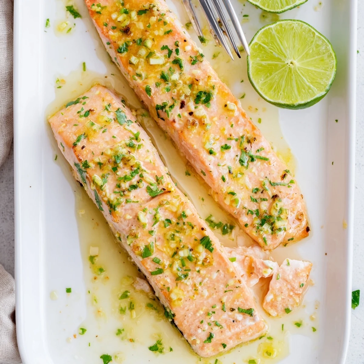 Oven-roasted salmon glazed with tangy honey lime garlic butter sauce served with lime wedges on a rustic wooden board