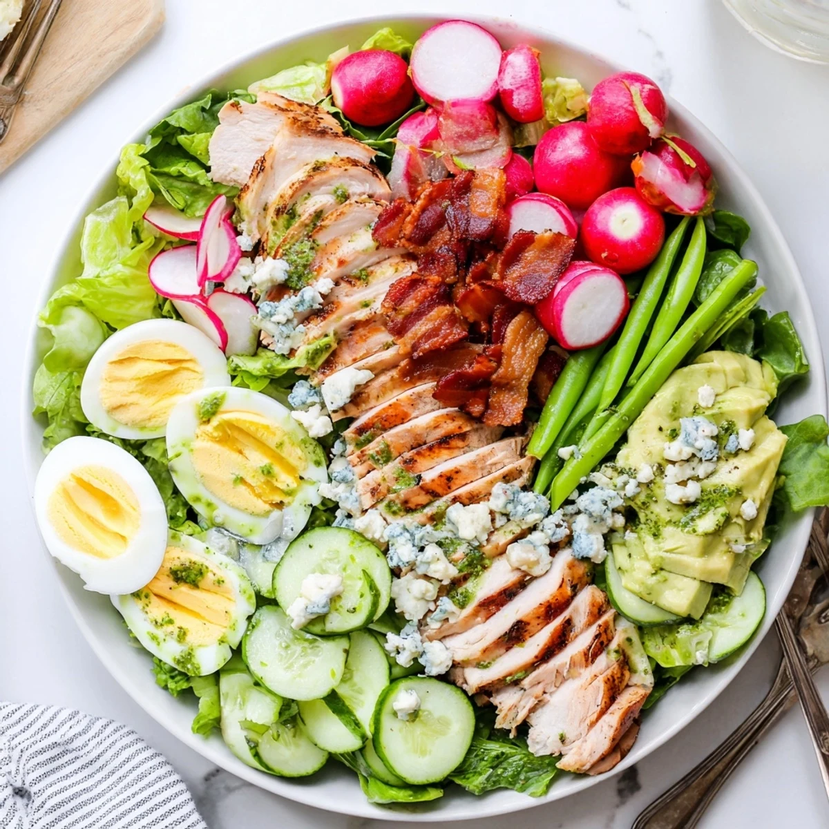 Fresh Spring Cobb Salad featuring grilled chicken, avocado, radishes, and snap peas on mixed greens