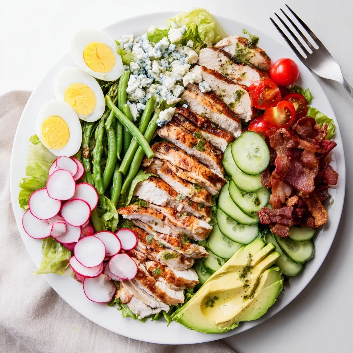 Colorful Spring Cobb Salad arranged with crisp vegetables, sliced chicken, eggs, and creamy blue cheese