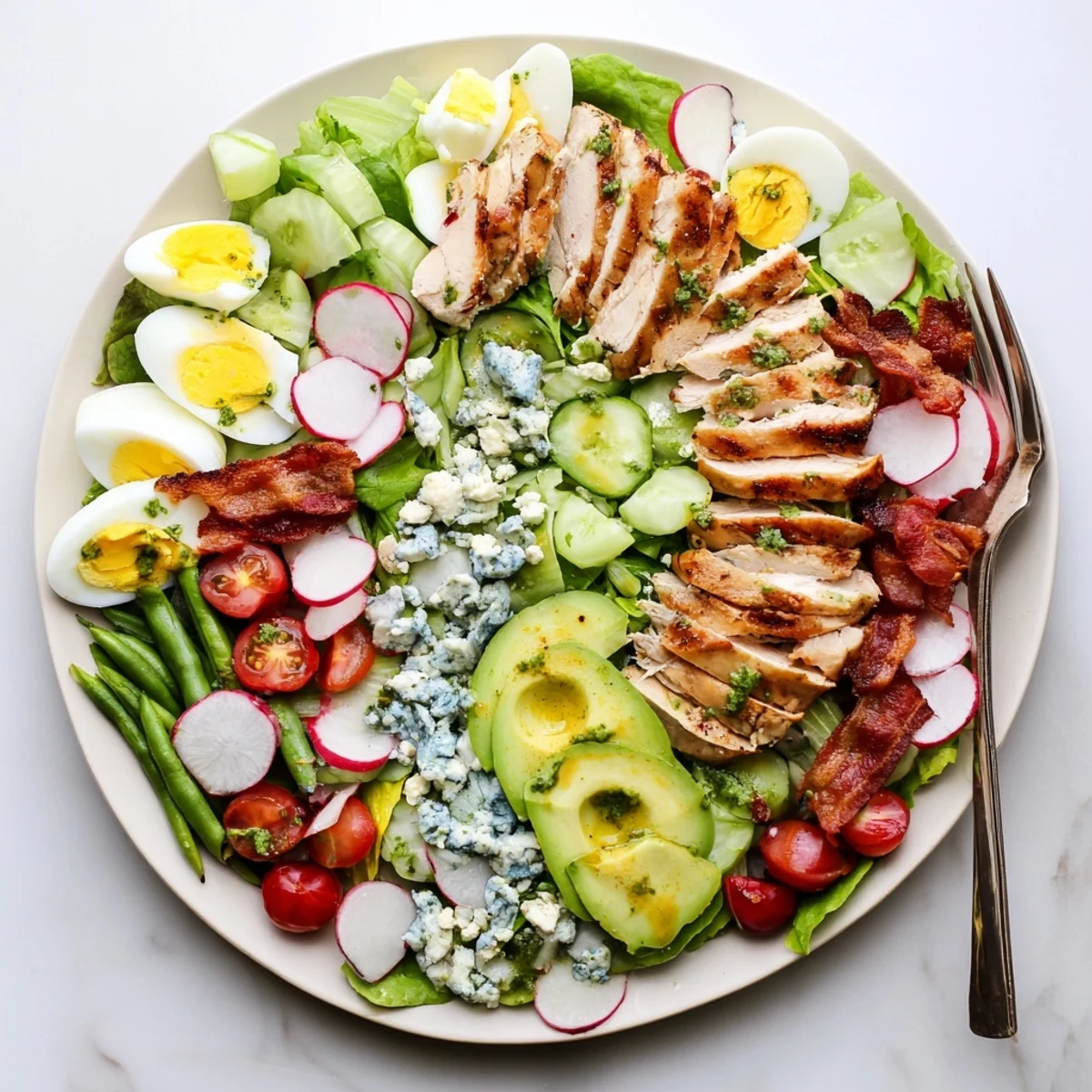 Vibrant Spring Cobb Salad topped with bacon, cherry tomatoes, cucumber slices, and herb vinaigrette dressing