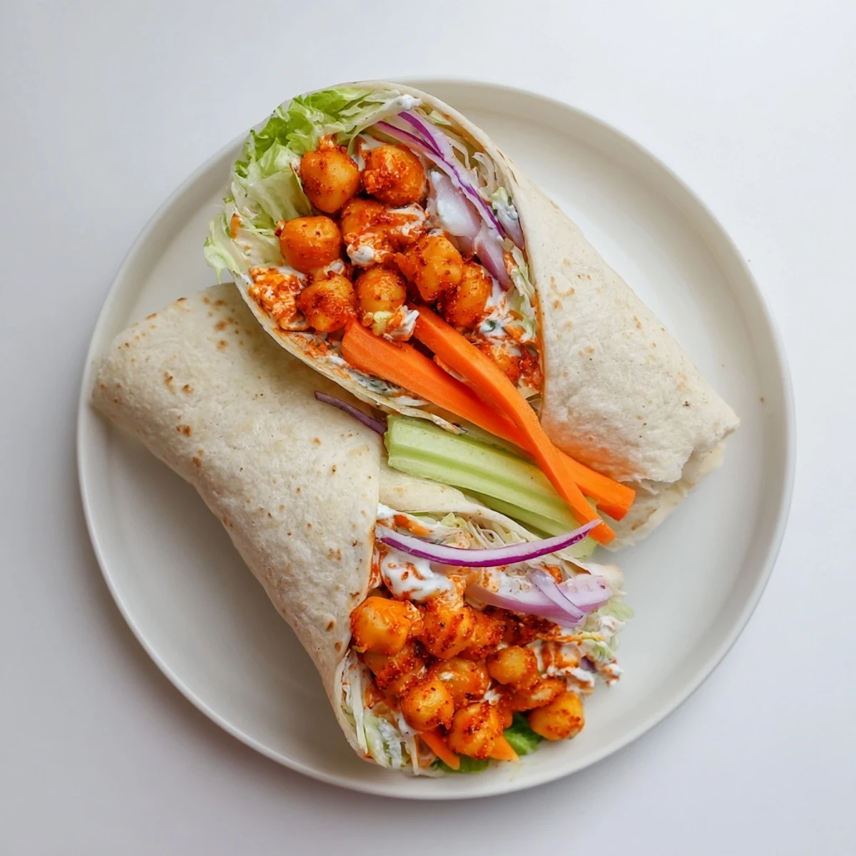 Homemade buffalo chickpea wraps featuring tangy sauce, shredded carrots, and sliced celery