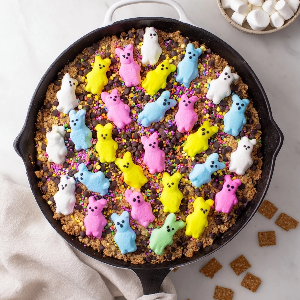 Toasted Peeps skillet smores bubbling with gooey chocolate served with graham cracker pieces for dipping