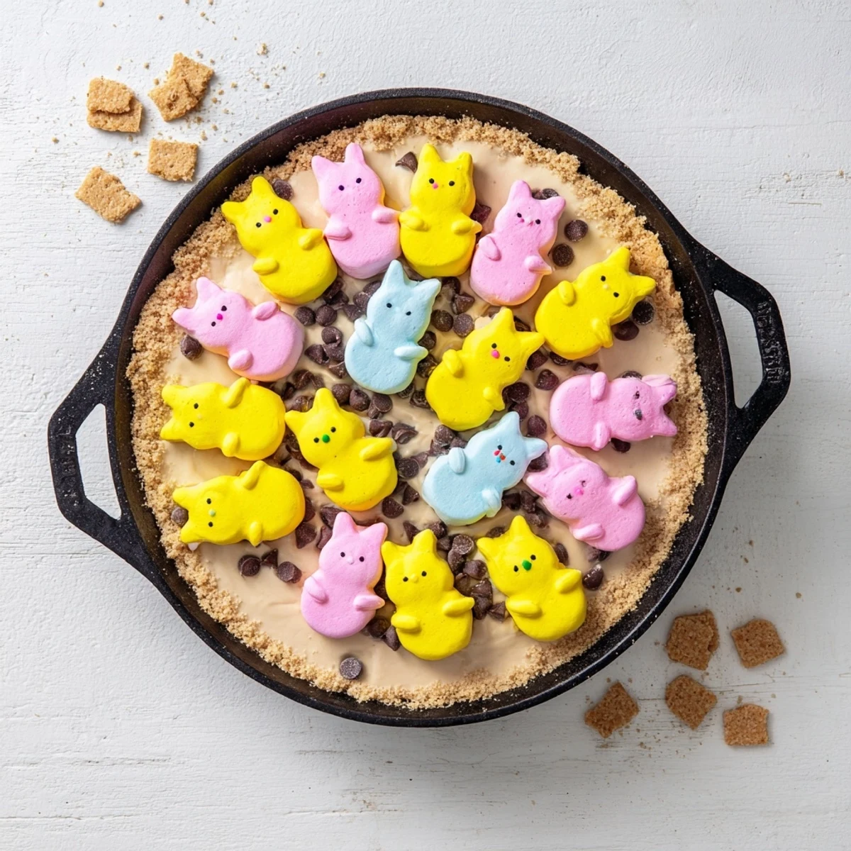 Golden Peeps marshmallow chicks nestled over melted chocolate in this colorful Peeps skillet smores dessert