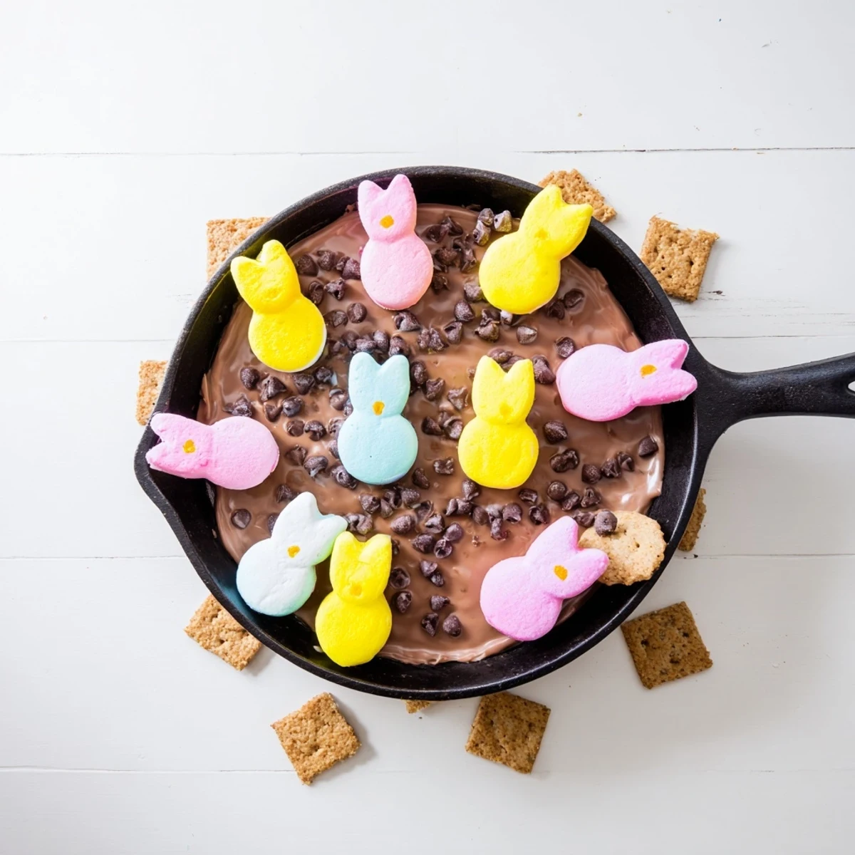 Colorful marshmallow Peeps lightly browned atop rich melted chocolate in this festive skillet smores treat