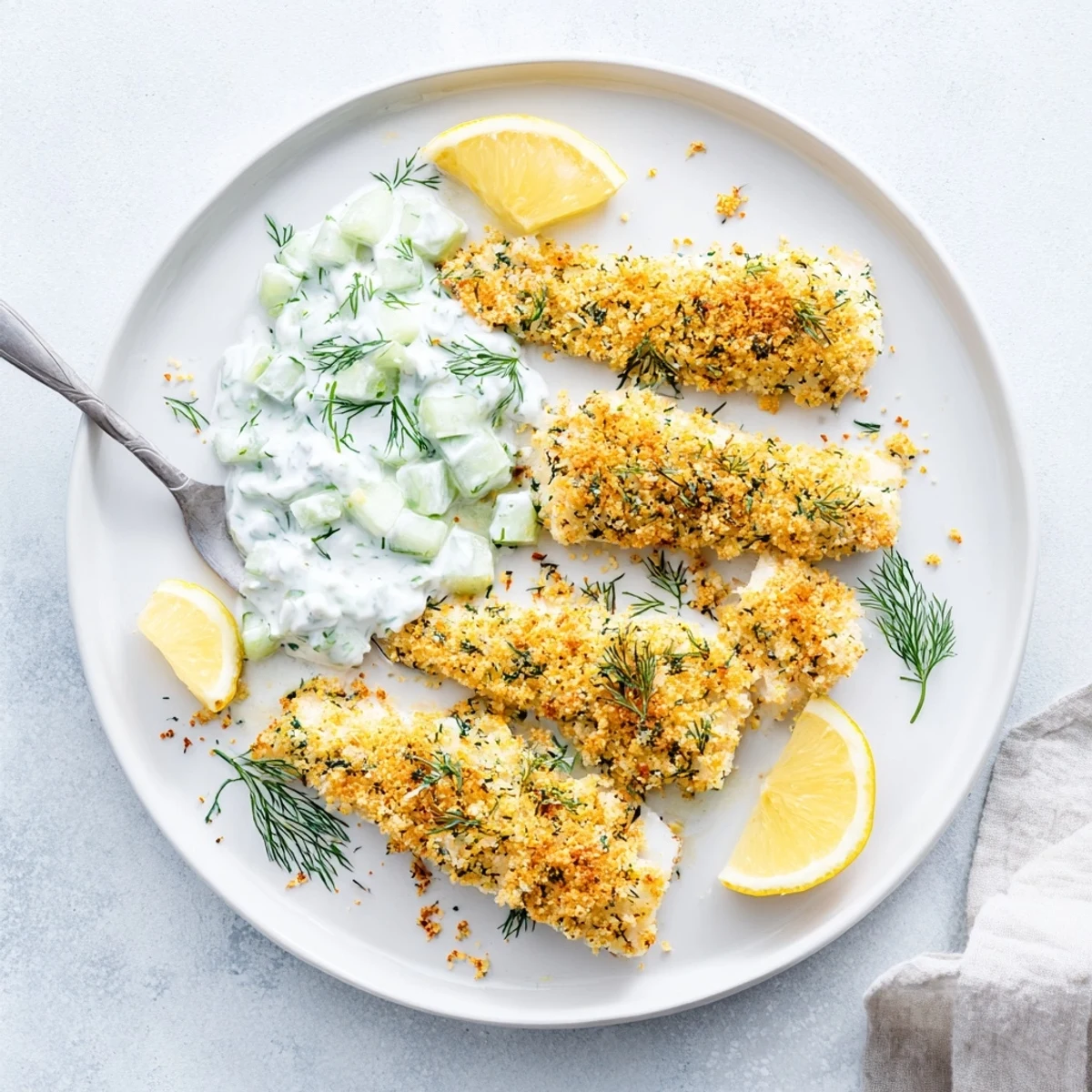 Crispy panko coated oven baked fish served alongside creamy dill lemon cucumber yoghurt