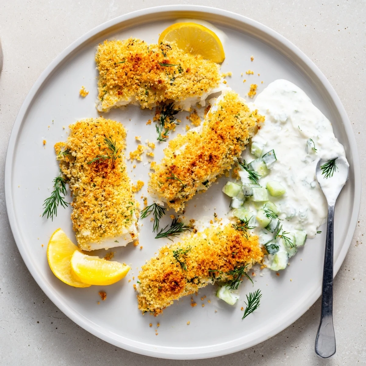 Golden crumbed oven baked fish fillets with refreshing cucumber yoghurt sauce and lemon