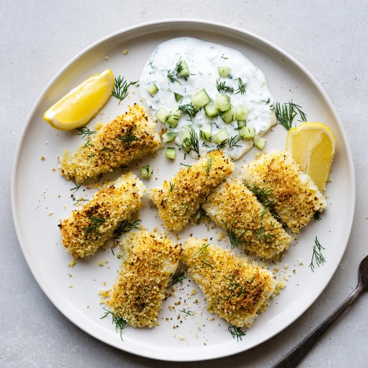 Baked fish fillets in golden crumbs topped with cool cucumber yoghurt and fresh dill