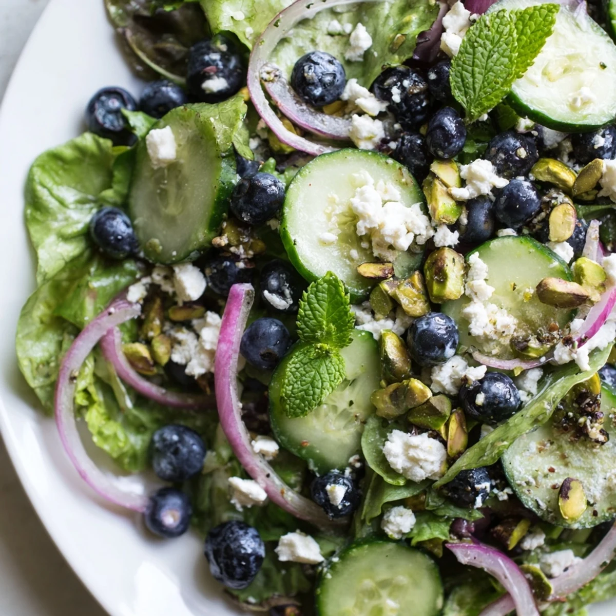 Fresh blueberry pistachio spring salad with green vegetables and feta cheese on white plate