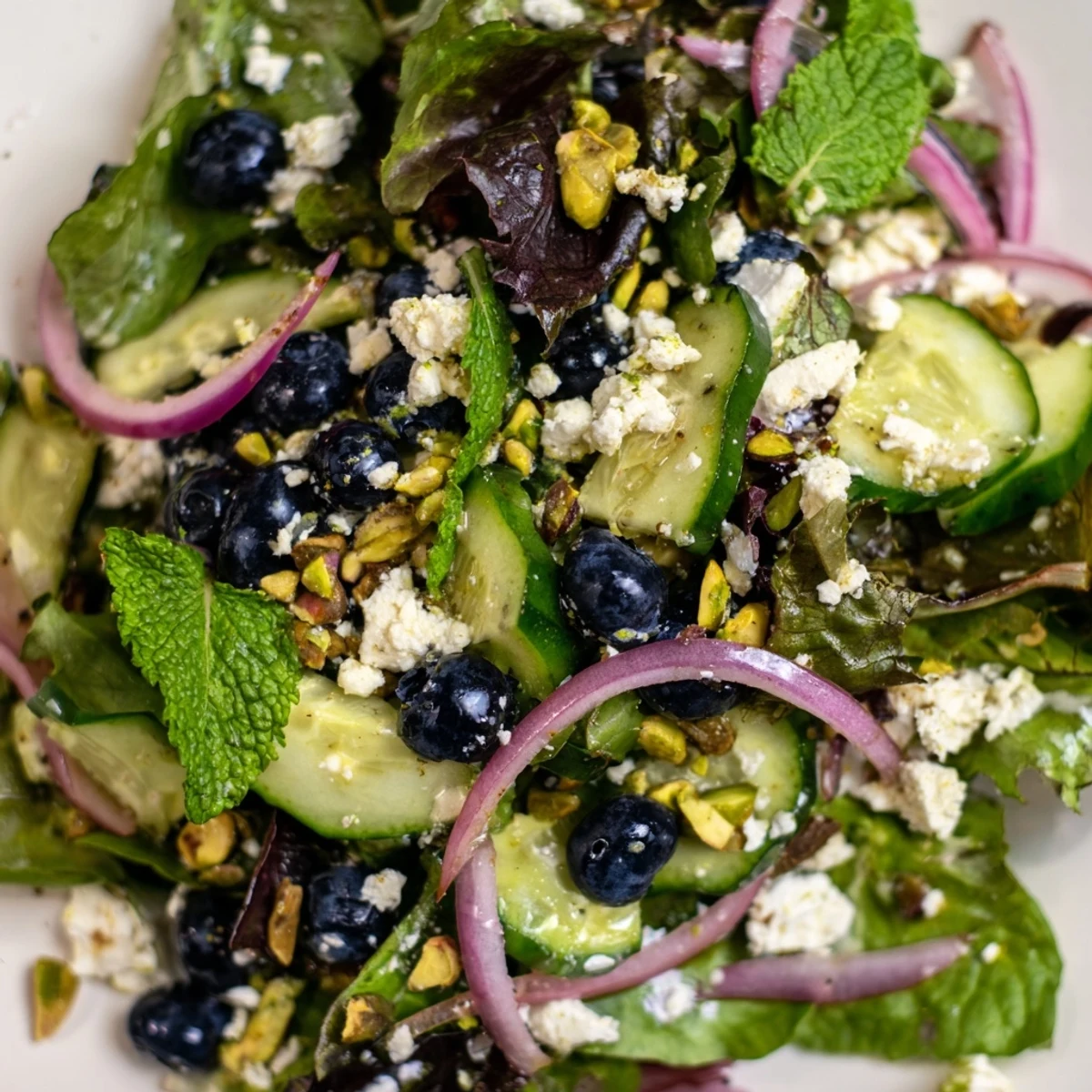 Colorful blueberry pistachio spring salad topped with fresh mint leaves in wooden serving bowl