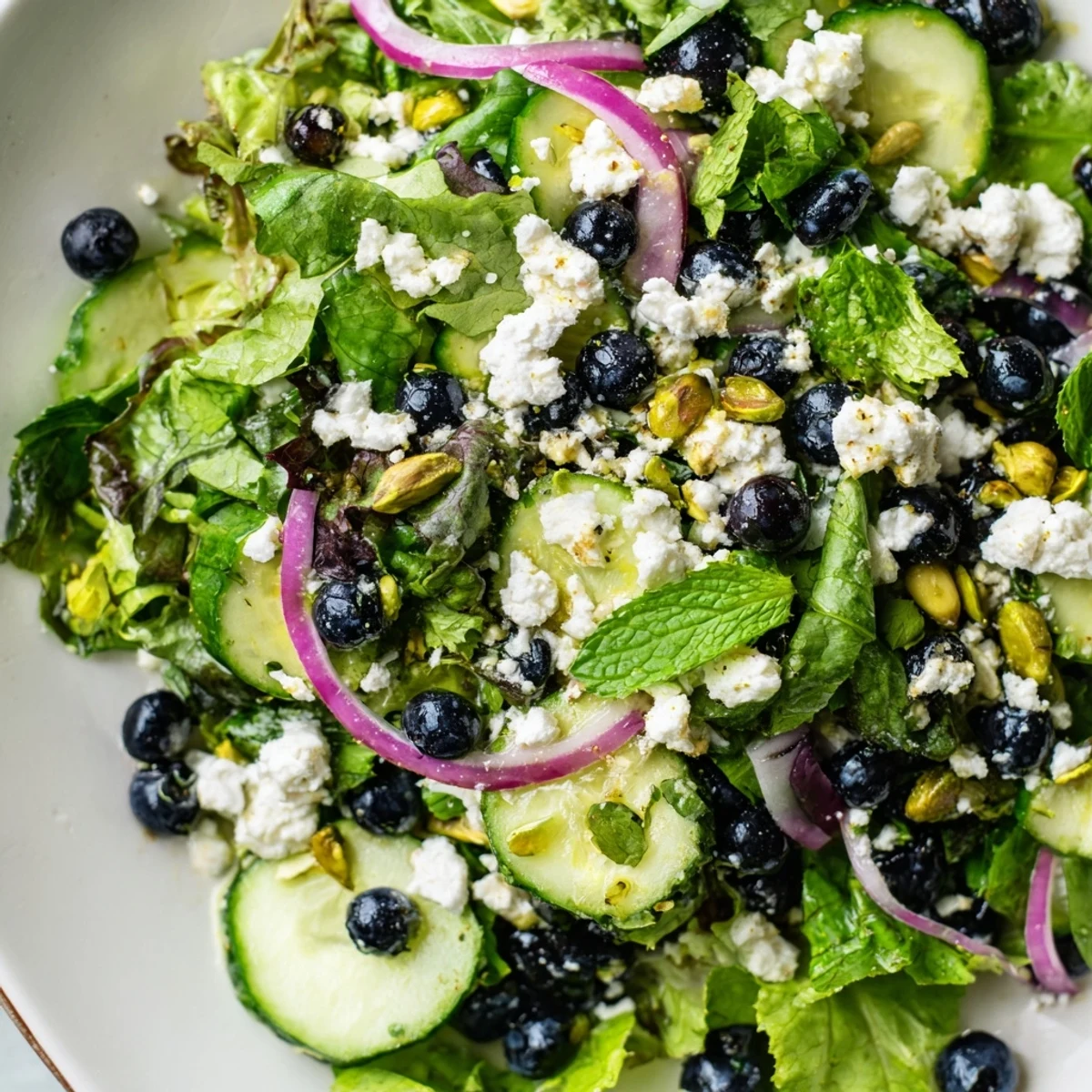 Vibrant blueberry pistachio spring salad featuring juicy berries and crunchy nuts on rustic table