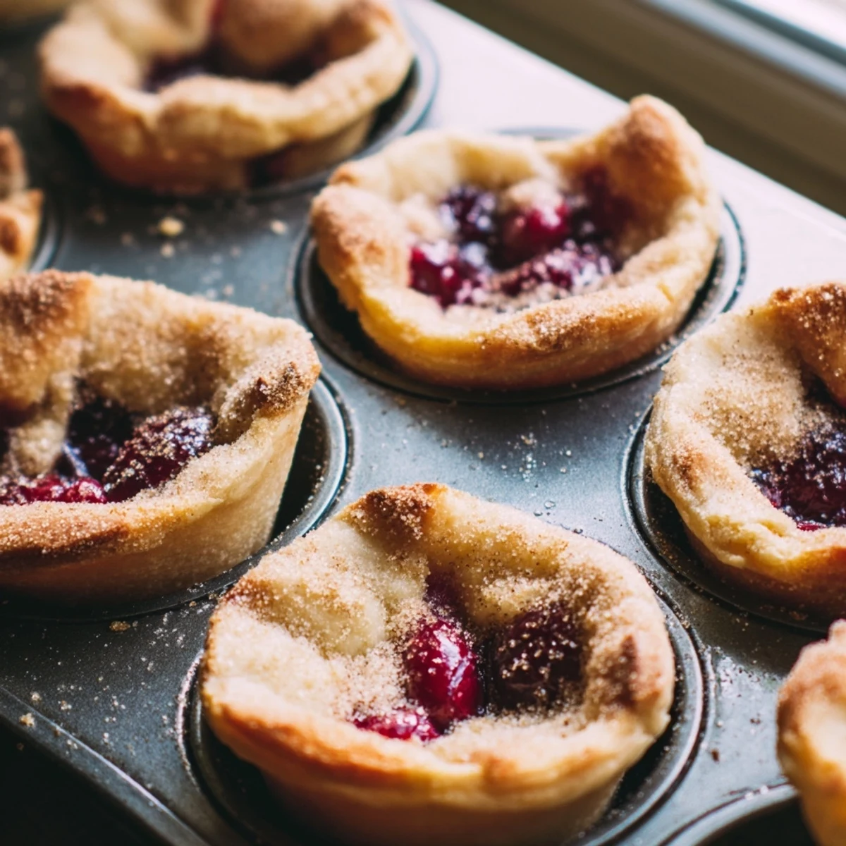 Golden cherry pie bites with bubbling red fruit filling nestled in flaky buttery crusts