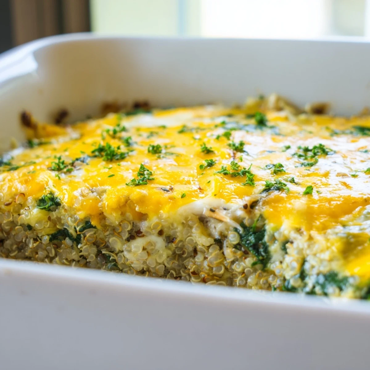 Golden brown quinoa spinach and egg bake with melted cheese topping and fresh parsley garnish