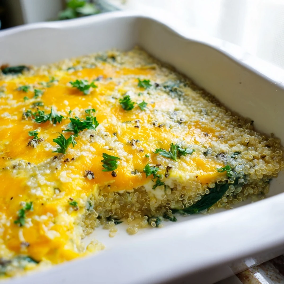 Wholesome breakfast casserole with fluffy quinoa, wilted spinach, and baked eggs in a square dish