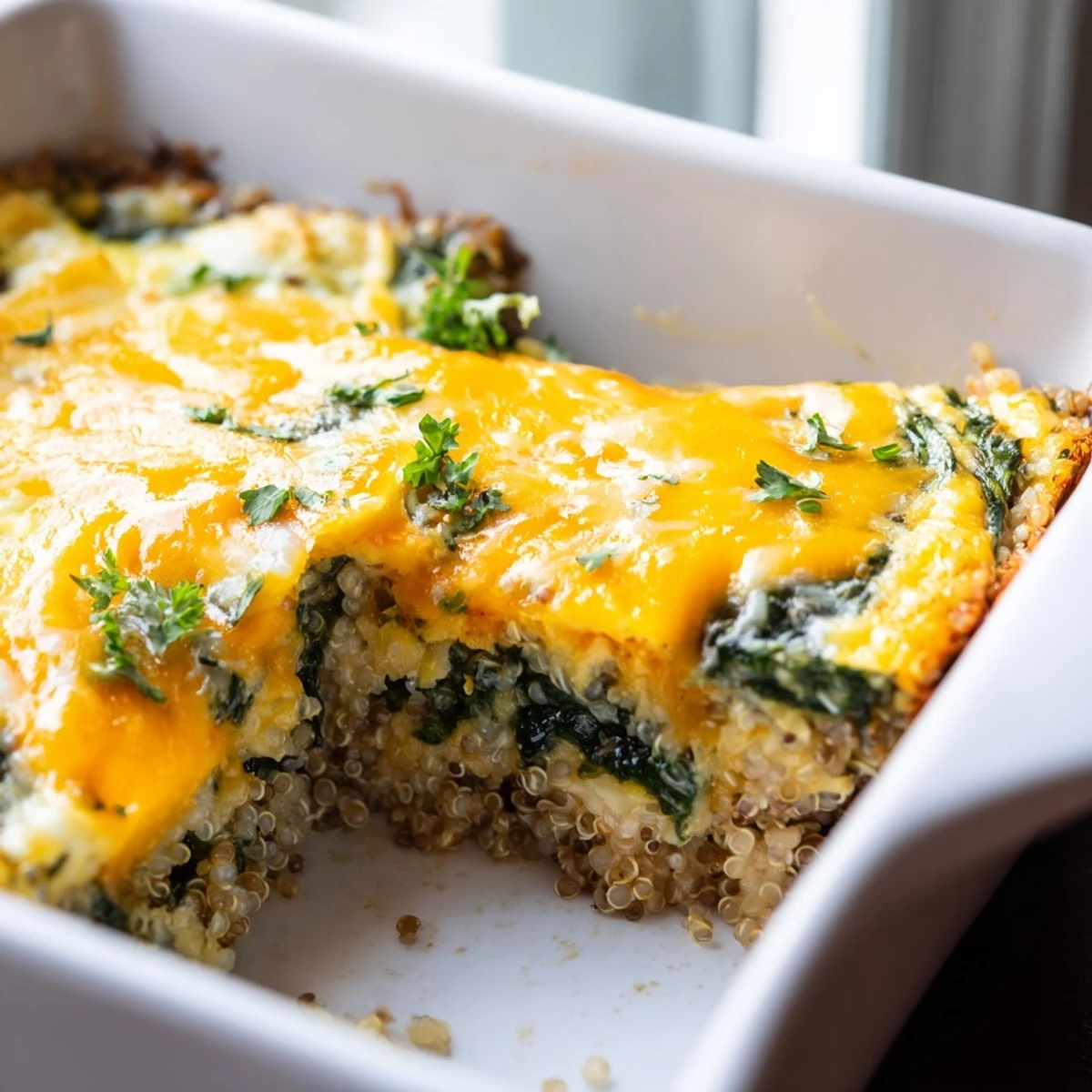 Protein-packed vegetarian bake featuring tender spinach, quinoa, and cheesy golden crust served warm