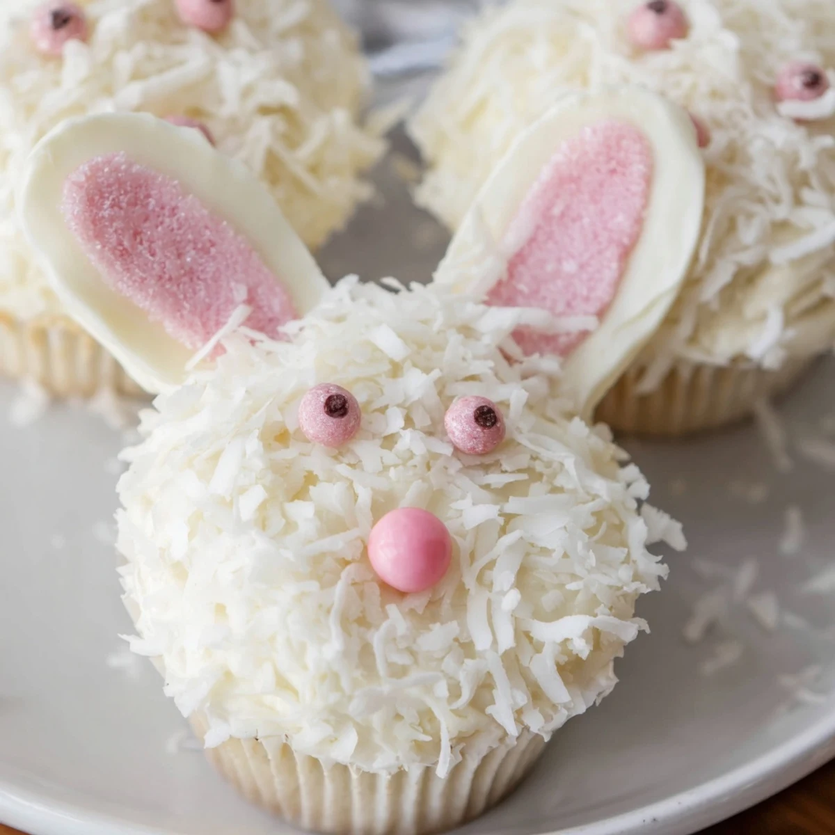 Adorable bunny cupcakes topped with fluffy coconut, marshmallow ears, and candy faces