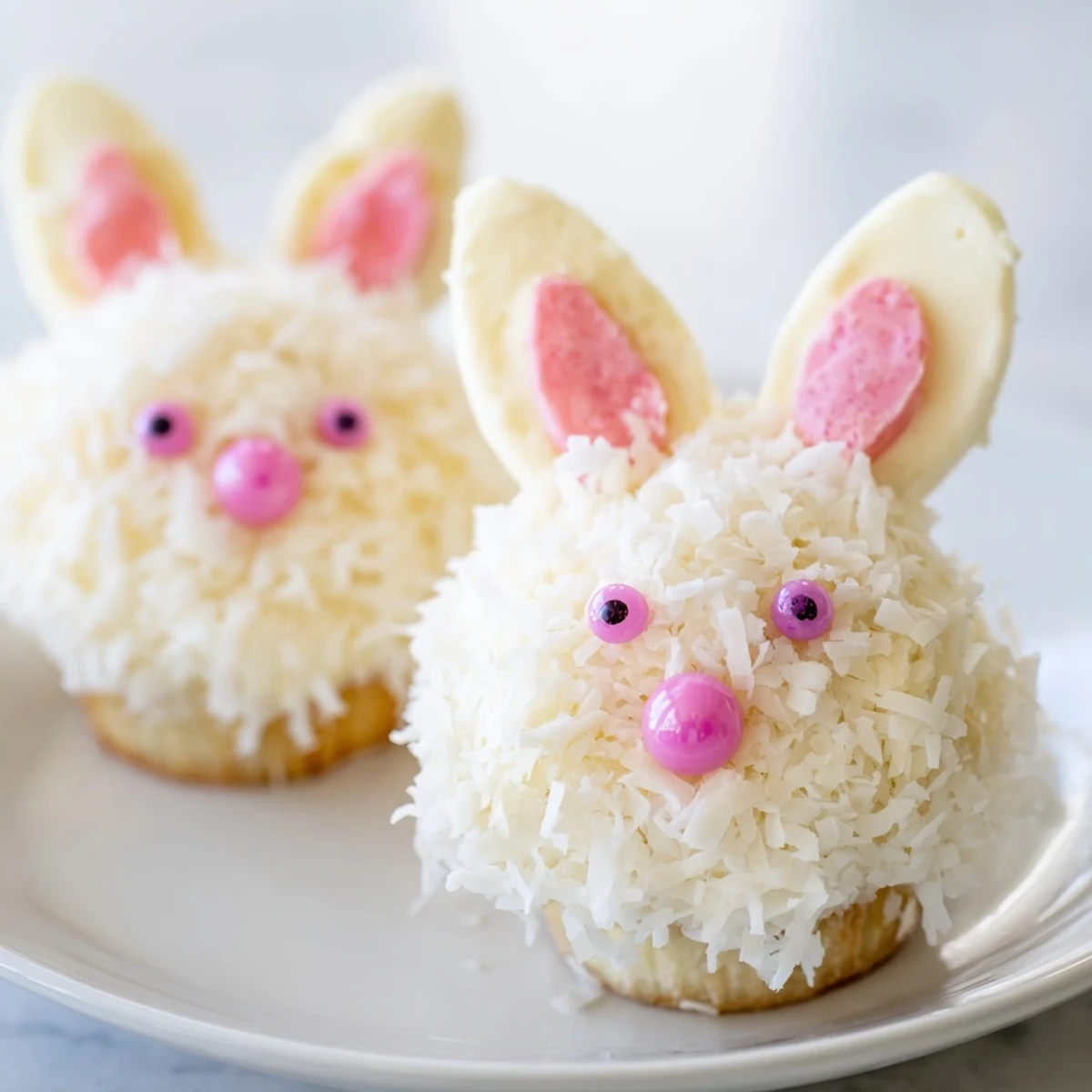 Vanilla bunny cupcakes decorated with pink sugar ears, coconut fur, and cute eyes