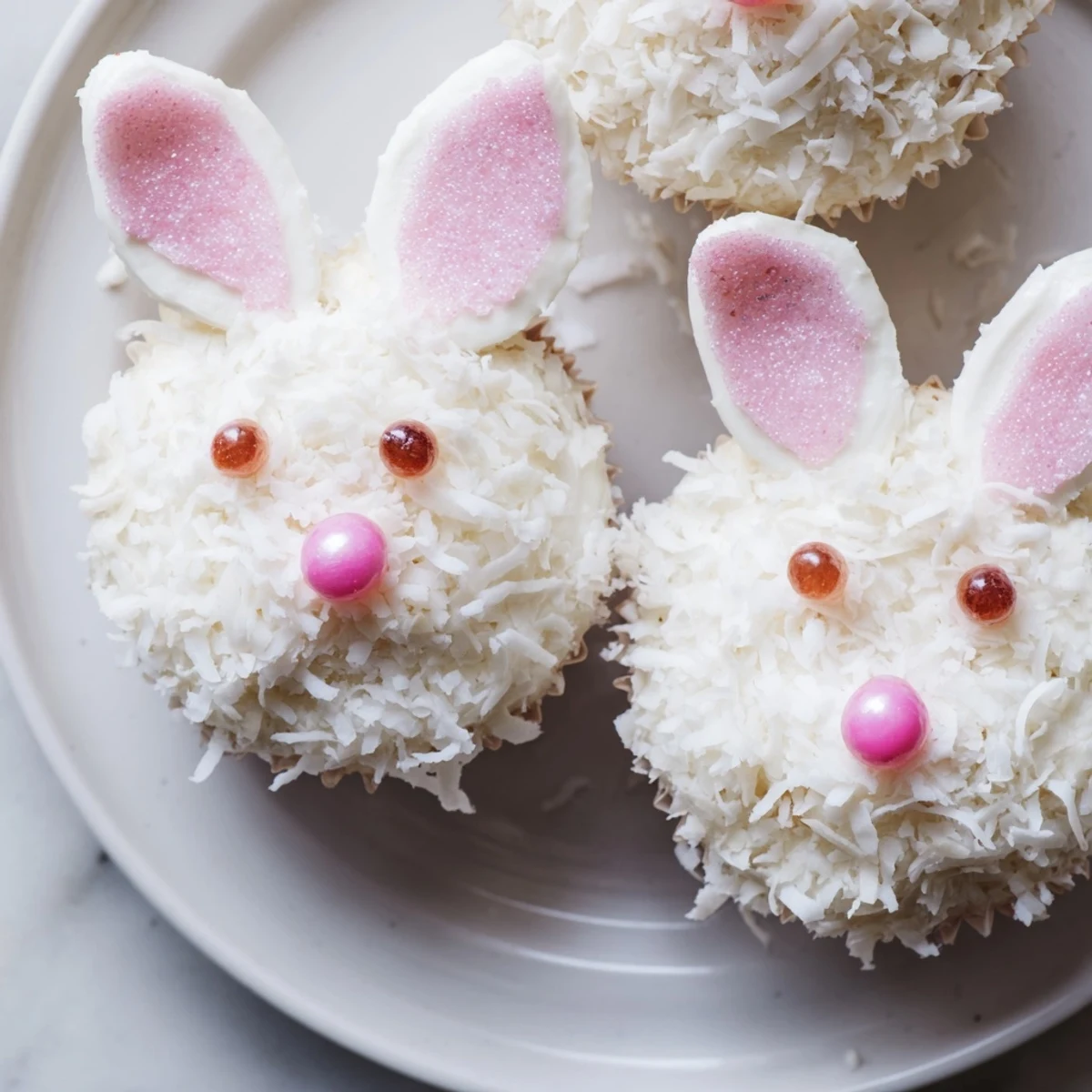 Easter bunny cupcakes featuring buttercream frosting, shredded coconut, and playful marshmallow ear details