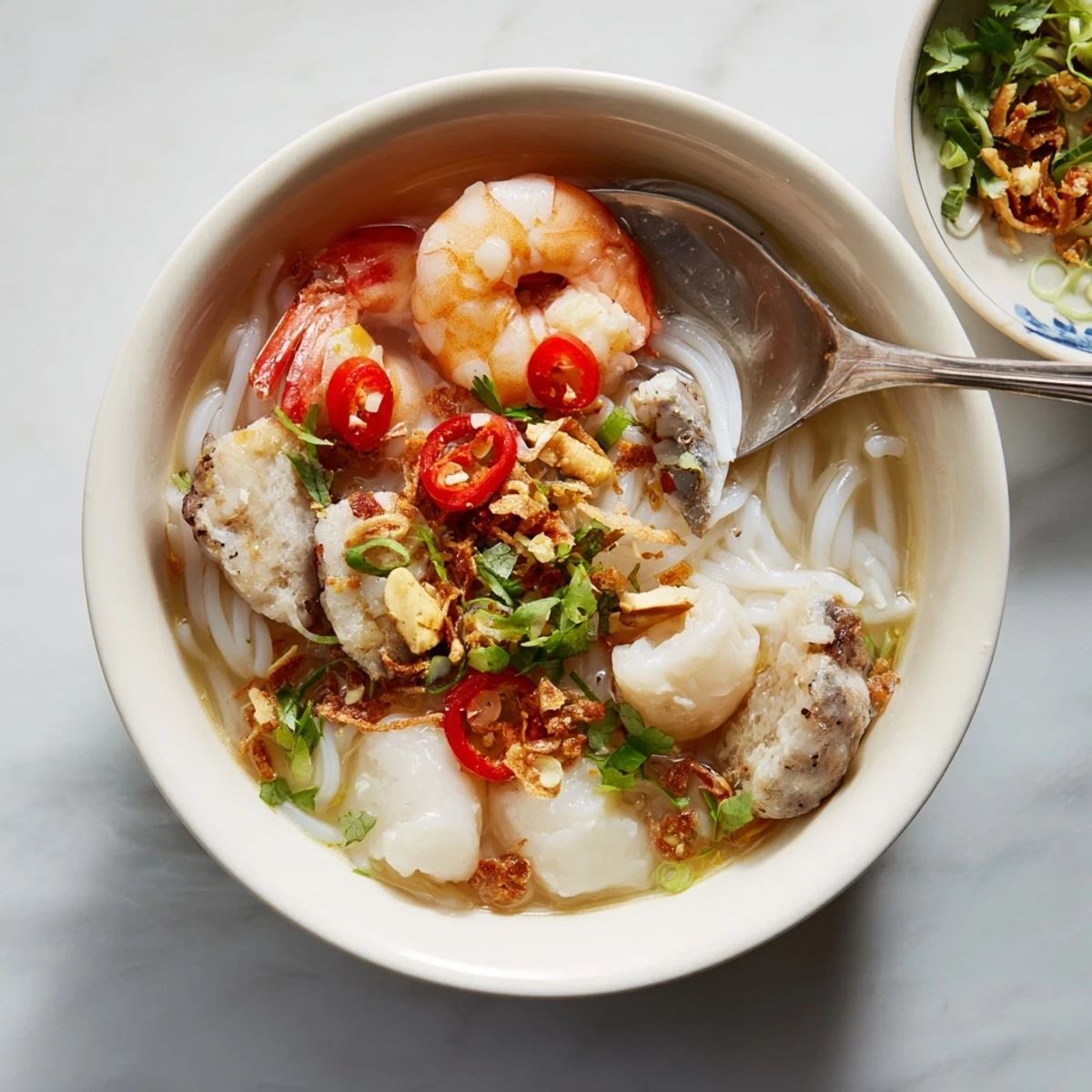 Steaming bowl of Banh Canh Cua Vietnamese crab noodle soup with thick tapioca noodles, tender crab meat, shrimp, and aromatic garnishes