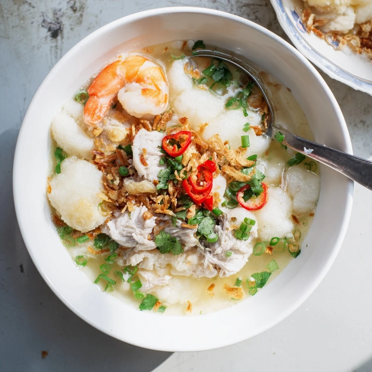 Golden Banh Canh Cua featuring succulent crab pieces and sliced fish cakes in rich broth topped with fried shallots and fresh cilantro