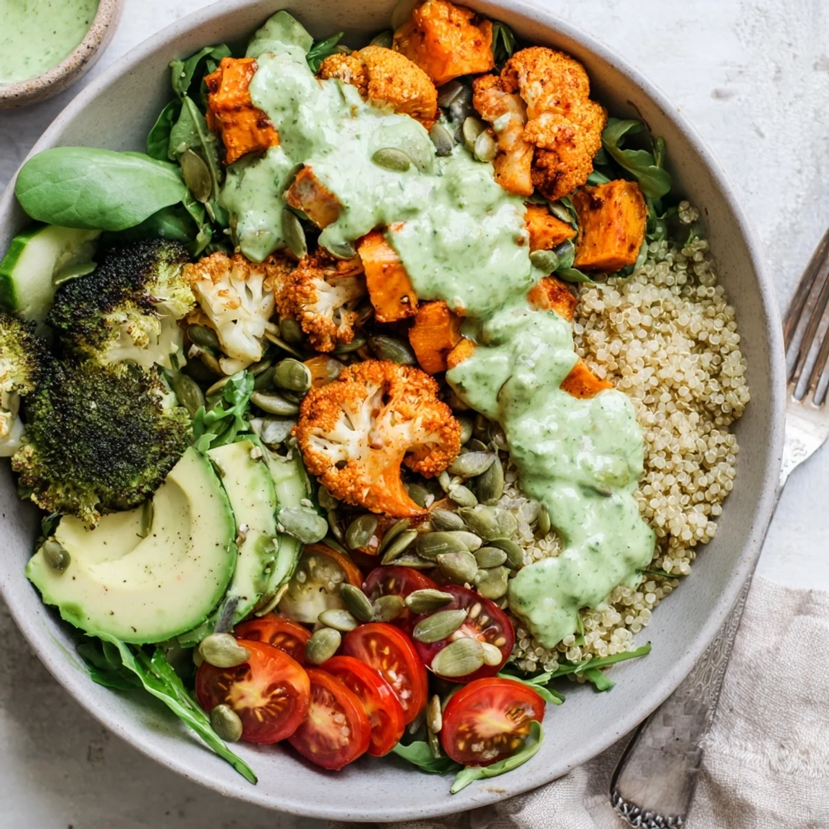 Vibrant Healthy Green Goddess Veggie Bowl with roasted vegetables, fresh greens, and creamy herb drizzle