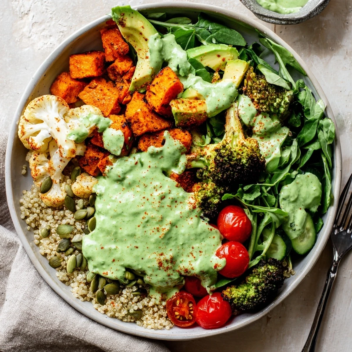 Buddha bowl layered with quinoa, sweet potato, avocado slices, and tangy green goddess dressing
