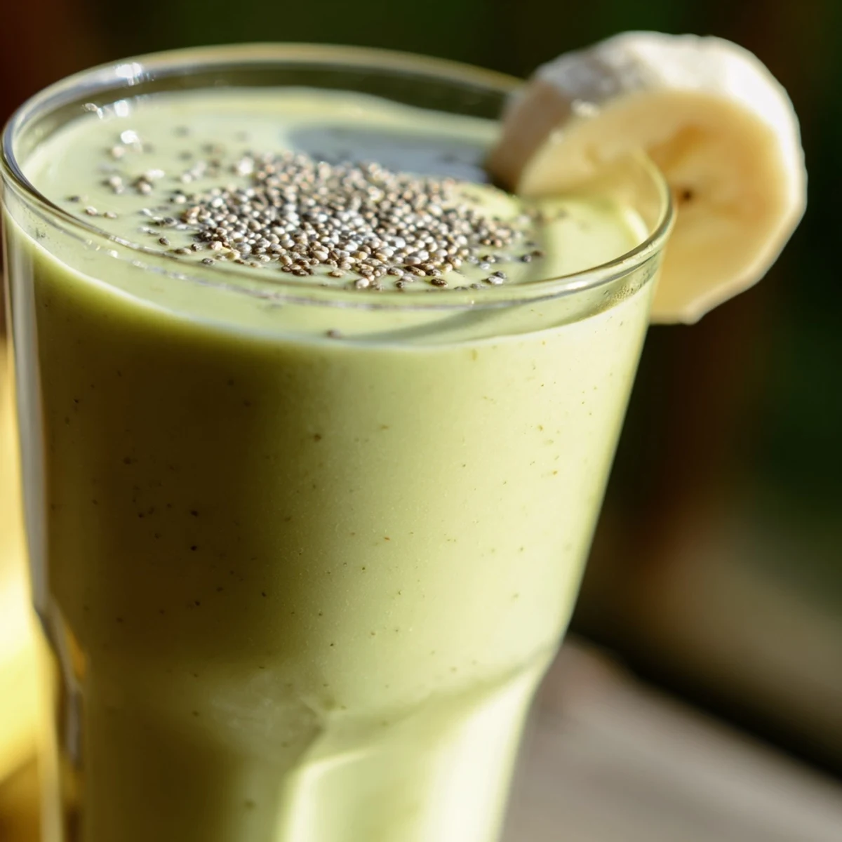 Thick and velvety Greek yogurt avocado smoothie garnished with chia seeds and served chilled for breakfast