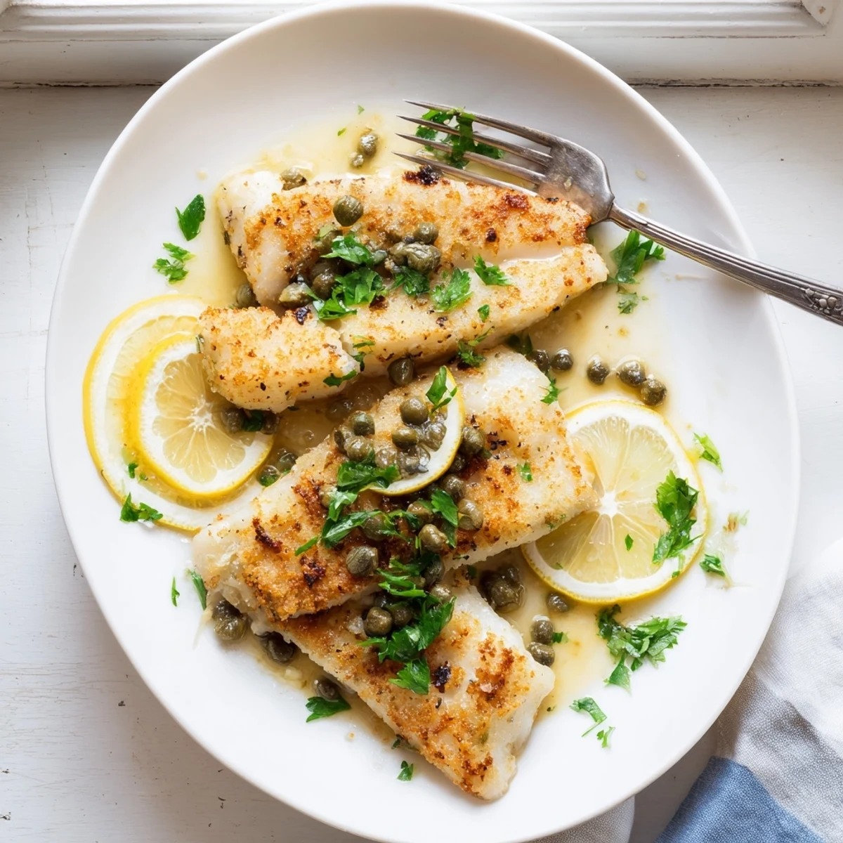 Tender cod piccata served on white plate with buttery lemon sauce and caper topping