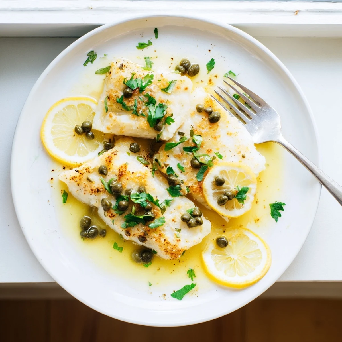 Golden pan-seared cod fillets drizzled with bright lemon caper sauce and fresh parsley garnish