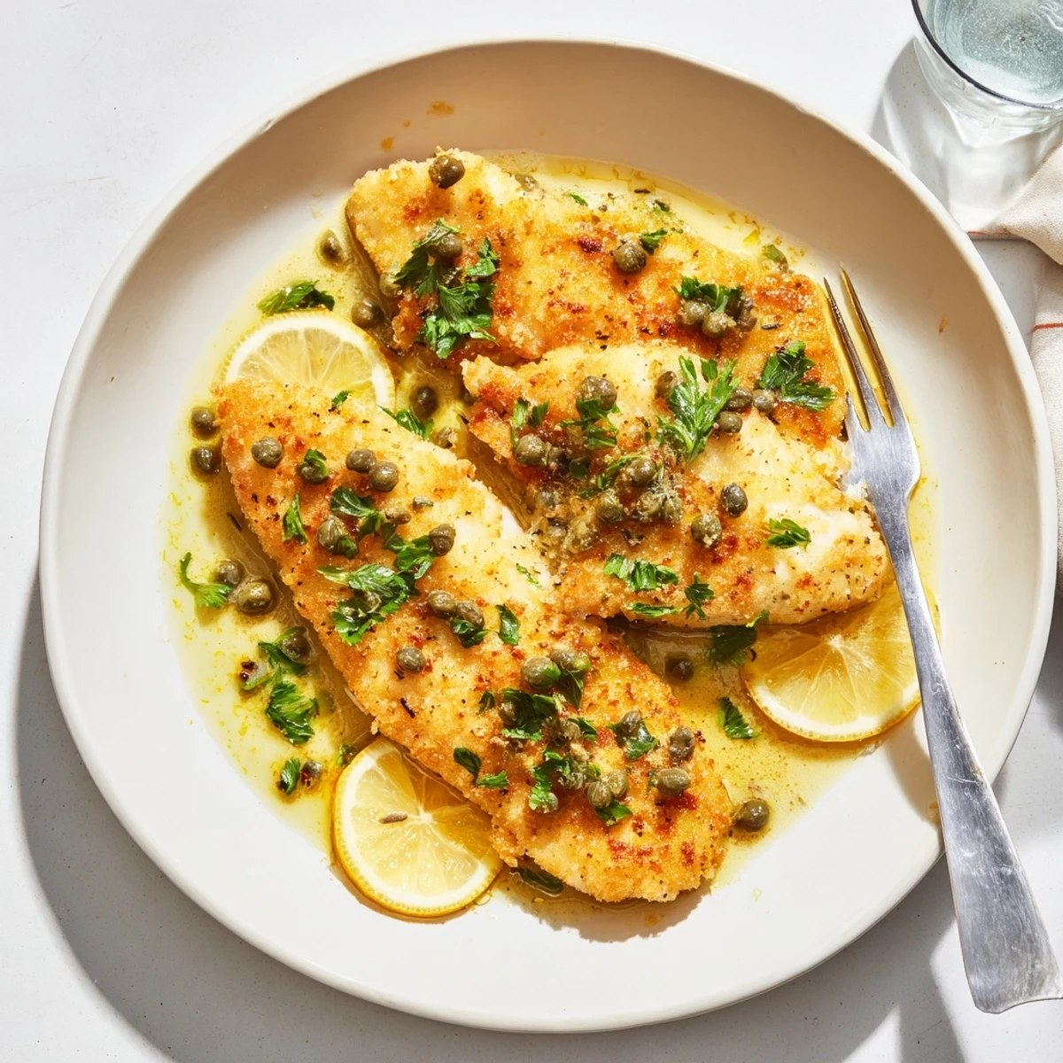 Lightly floured cod fish in tangy white wine lemon sauce with chopped parsley and lemon slices