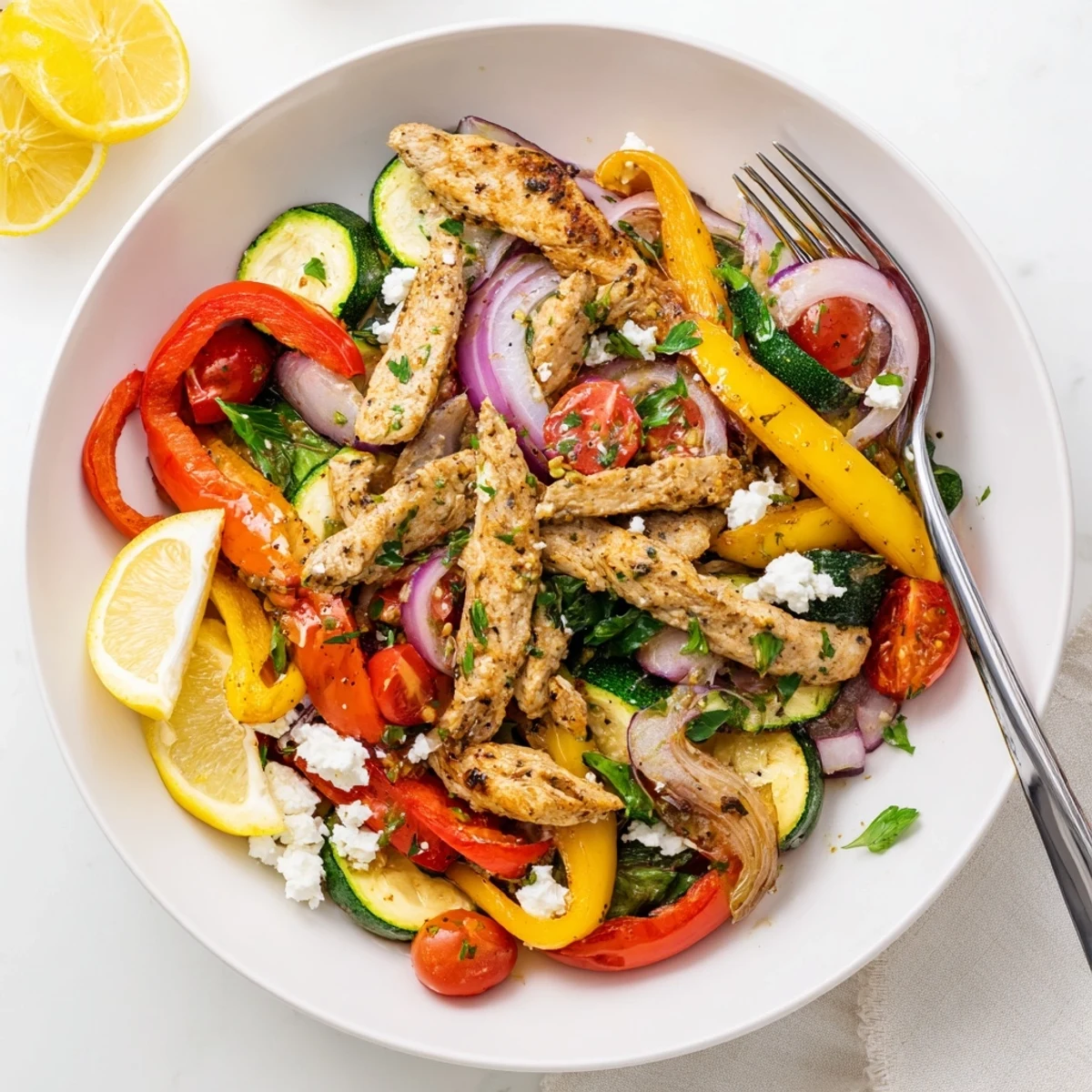 Vibrant weeknight dinner featuring tender spiced chicken, crisp vegetables, and crumbled feta in this easy Mediterranean chicken stir fry