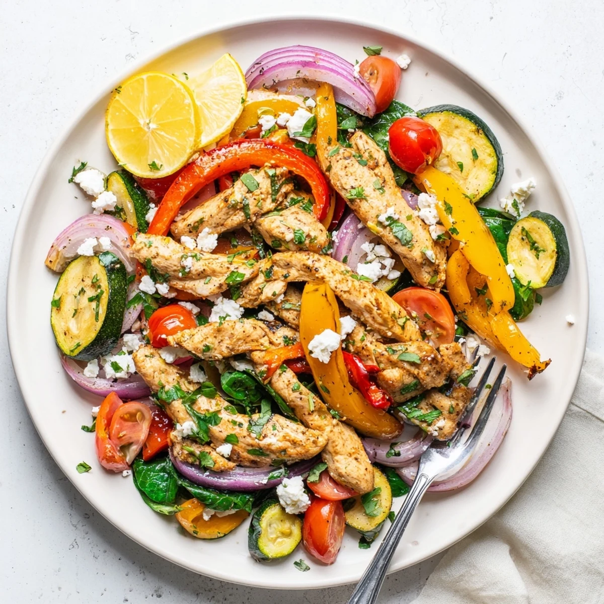 Golden brown chicken strips with colorful bell peppers and zucchini in this easy Mediterranean chicken stir fry